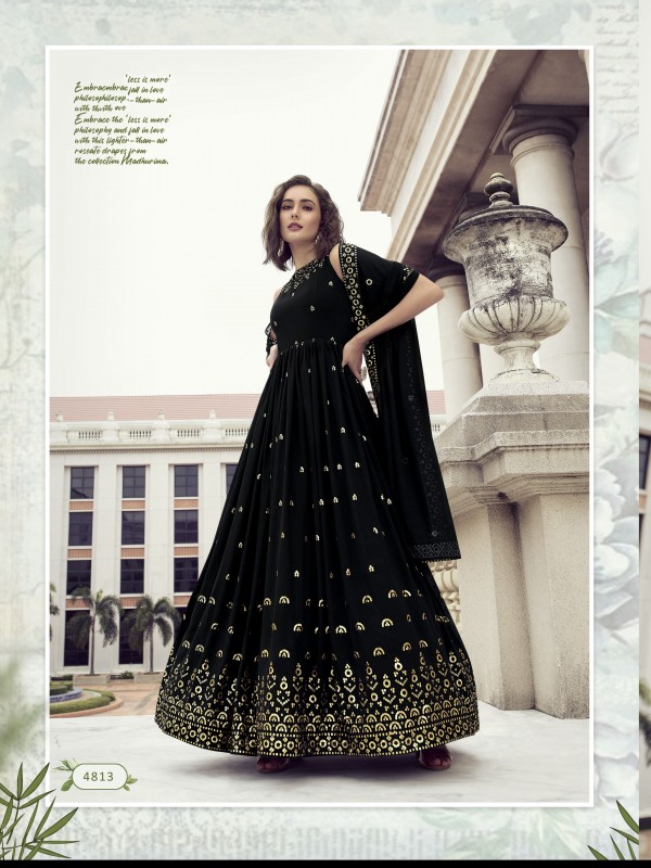  Georgette Fabrics Party Wear Gown Black Color With Embroidery Work