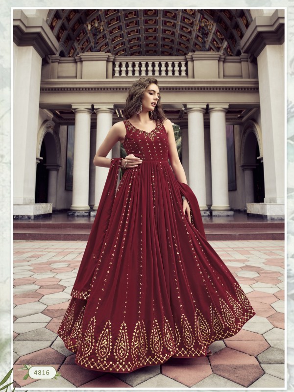  Georgette Fabrics Party Wear Gown Red Color With Embroidery Work