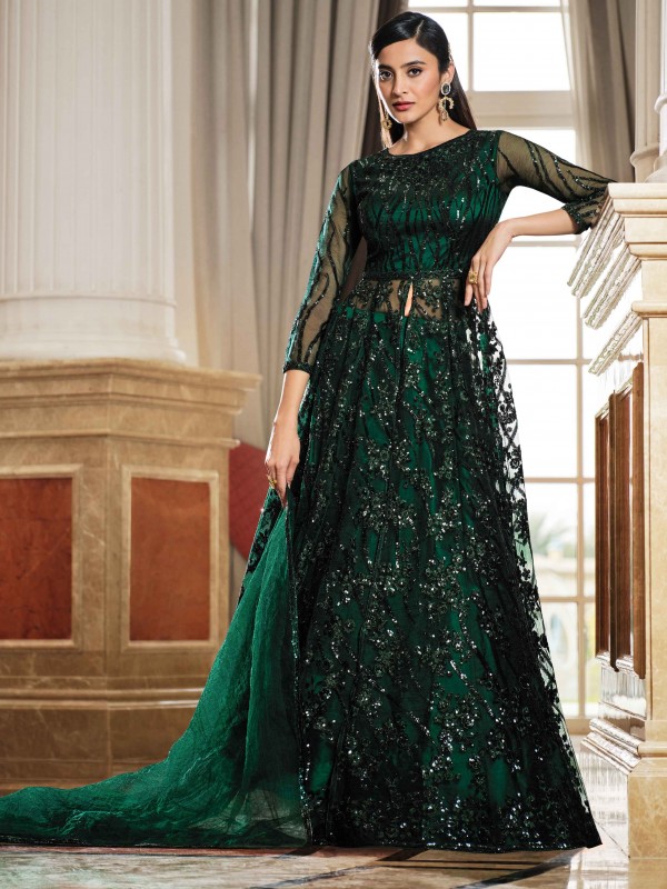 Soft Premium Net Wedding wear Gown in Green Color with Embroidery
