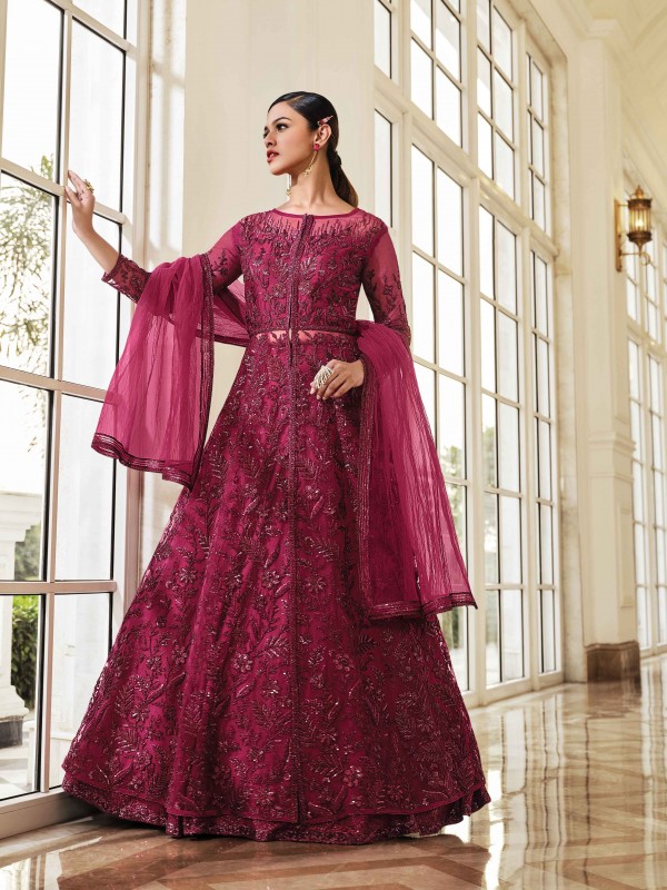 Soft Premium Net Wedding wear Gown in Magenta Color with Embroidery
