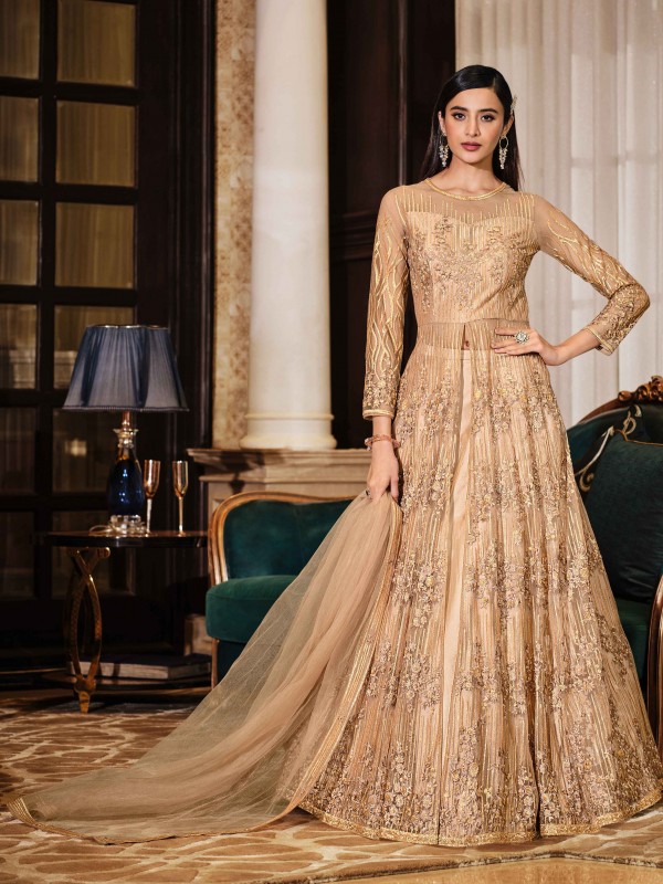 Soft Premium Net Wedding wear Gown in Golden Color with Embroidery