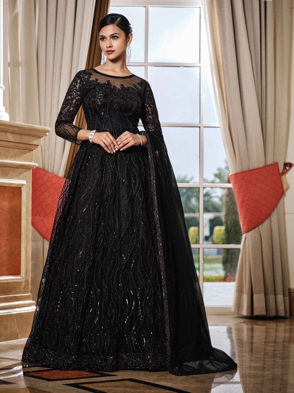 Soft Premium Net Wedding wear Gown in Black Color with Embroidery