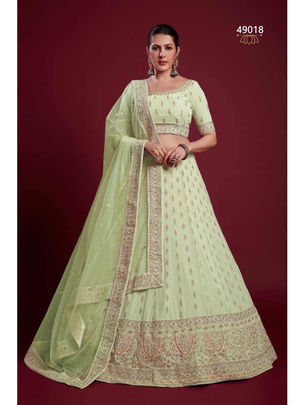 Geogratte Fabrics Party Wear Lehenga in Green Color With Embroidery Work
