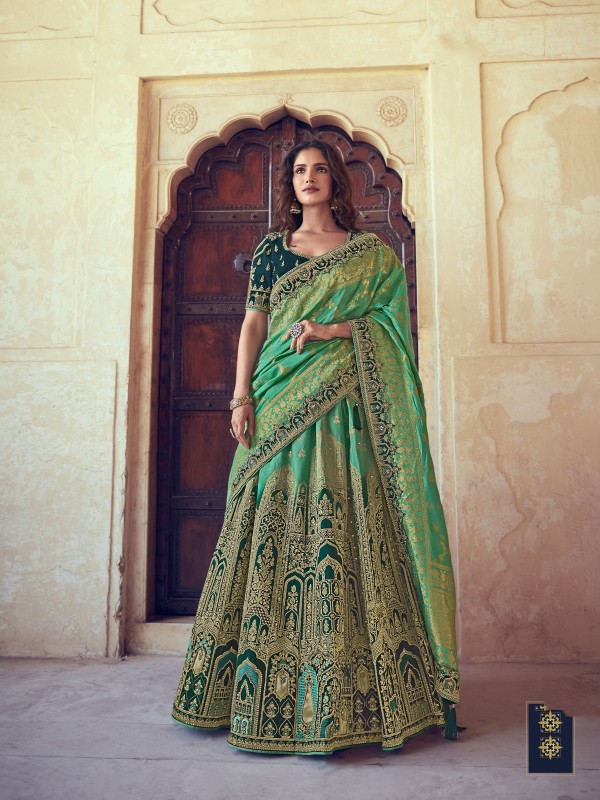 Pure Banarasi Silk Wedding Lehenga in Green Color With Embroidery  work