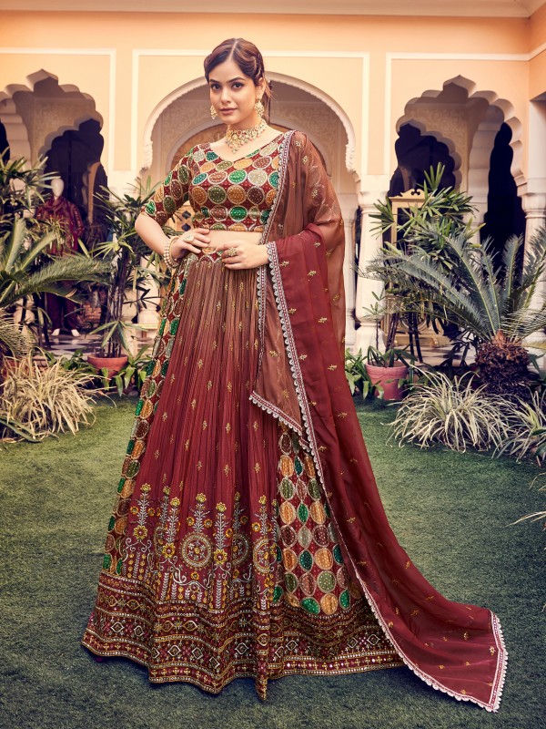 Silk Fabrics Party Wear Lehenga in Maroon Color With Embroidery Work