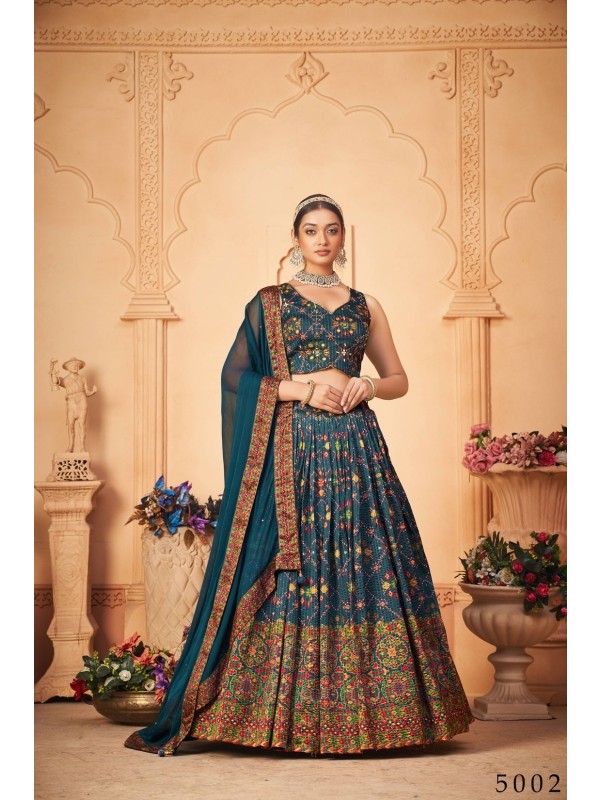 Heavy Chinon  Silk Fabrics Party Wear Lehenga in Teal Blue Color With Embroidery  
