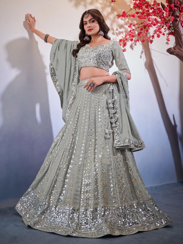 Pure Georgette Party Wear Wear Lehenga In Grey With Embroidery Work 