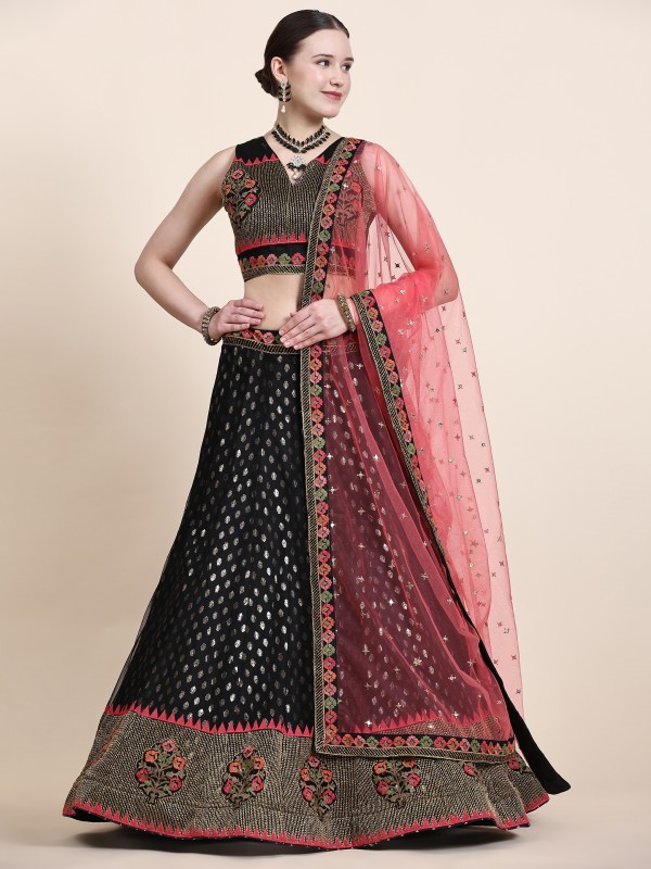 Soft Premium Net  Party Wear Wear Lehenga In Black  Color With Embroidery Work 