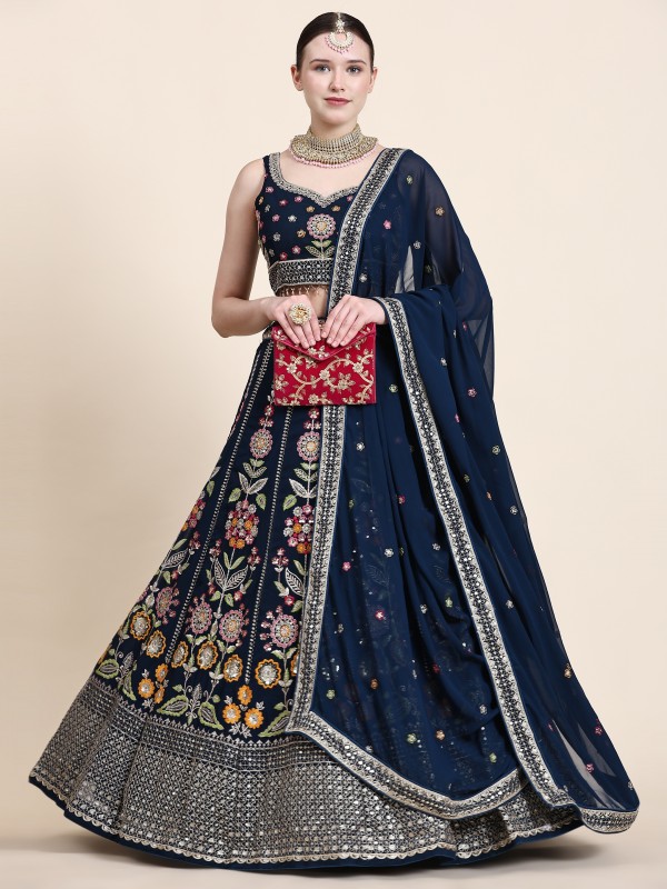 Pure Georgette Party Wear Wear Lehenga In Teal Blue With Embroidery Work 