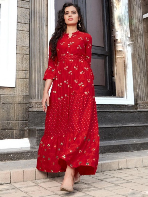 Heavy Rayon Fabrics Long Gown In Red Color