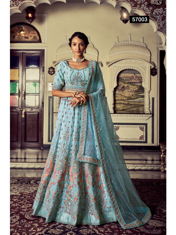 Geogratte Fabrics  Wedding Wear Lehenga in Sea Blue  Color With Embroidery Work