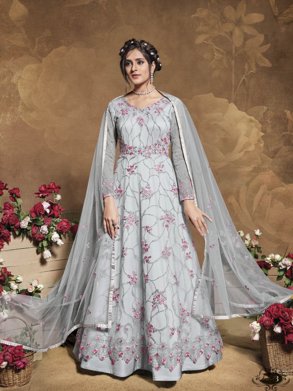 Soft Premium Net Wedding Wear Readymade Gown  In Grey  Embroidery Work