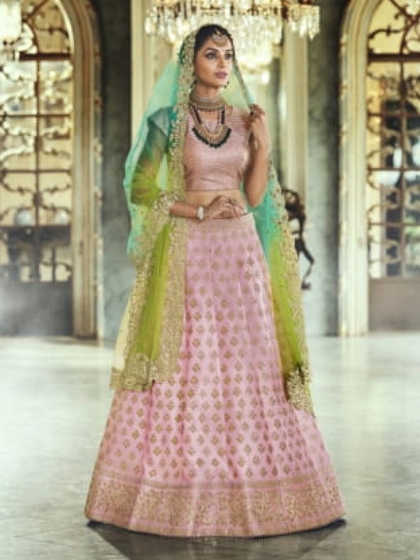 Pure Satin Silk Wedding Lehenga in Pink Color With Thread work