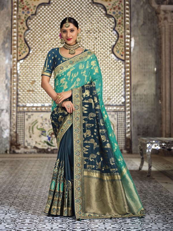 Pure Banarasi Silk Saree In Blue Color With Embroidery Work