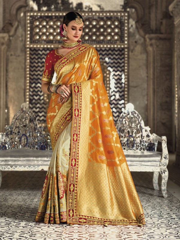 Pure Banarasi Silk Saree In Mustard & Cream Color With Embroidery Work