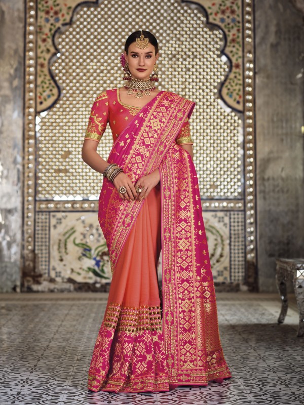 Pure Banarasi Silk Saree In Pink & Oranage Color With Embroidery Work