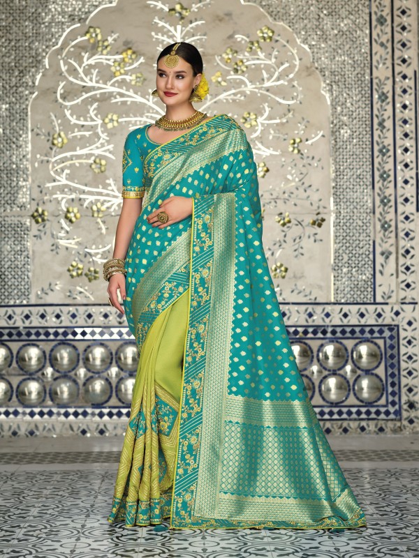 Pure Banarasi Silk Saree In Blue & Green Color With Embroidery Work