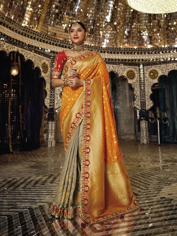 Pure Banarasi Silk Saree In Mustard & Beige Color With Embroidery Work