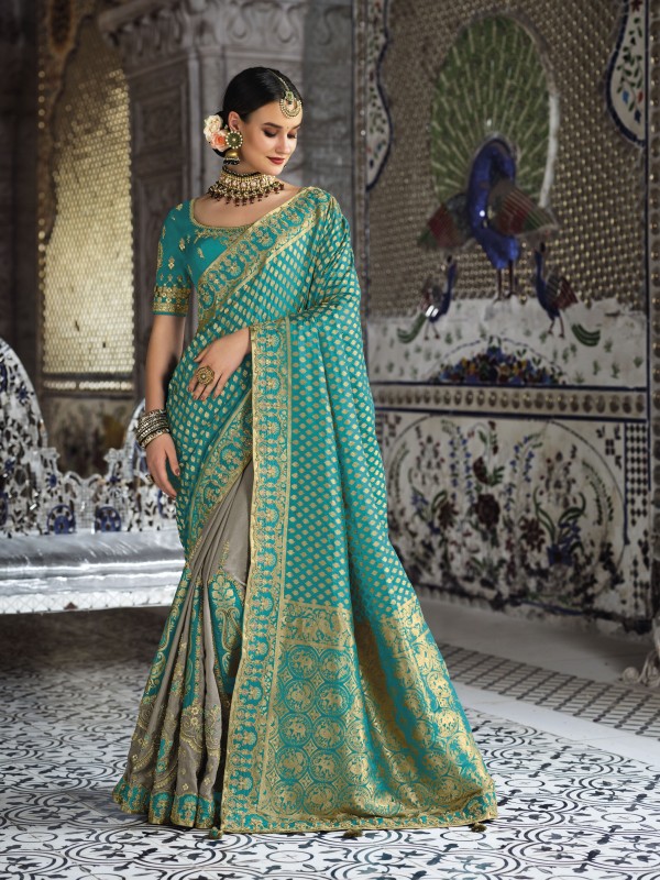 Pure Banarasi Silk Saree In Blue & Grey Color With Embroidery Work