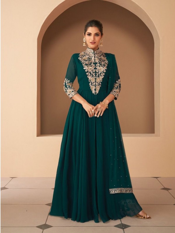 Georgette  Fabrics Party Wear Gown In Teal Green Color With Embroidery Work