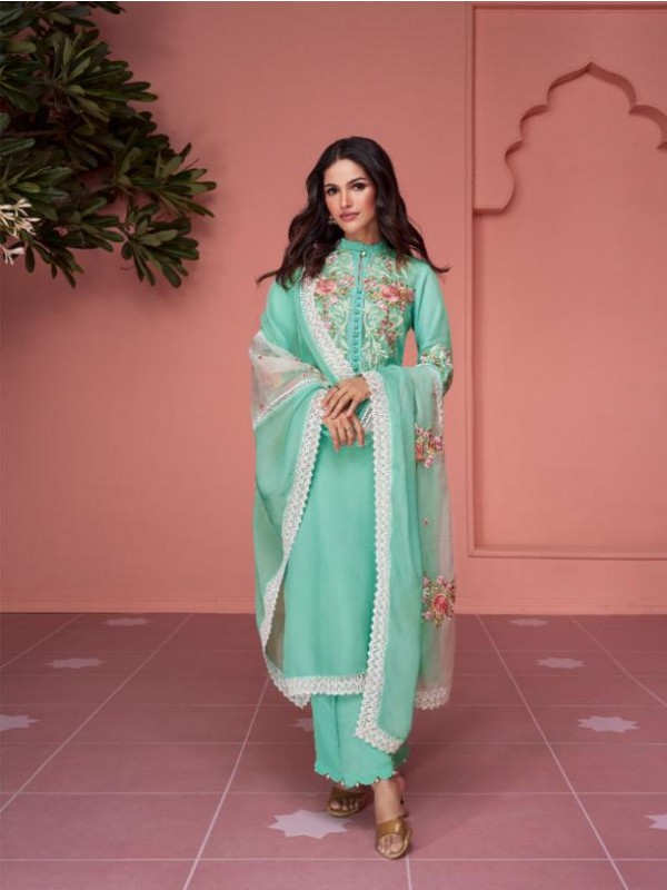 Organza Silk Party Wear  Suit  in Turquoise Color with  Embroidery Work