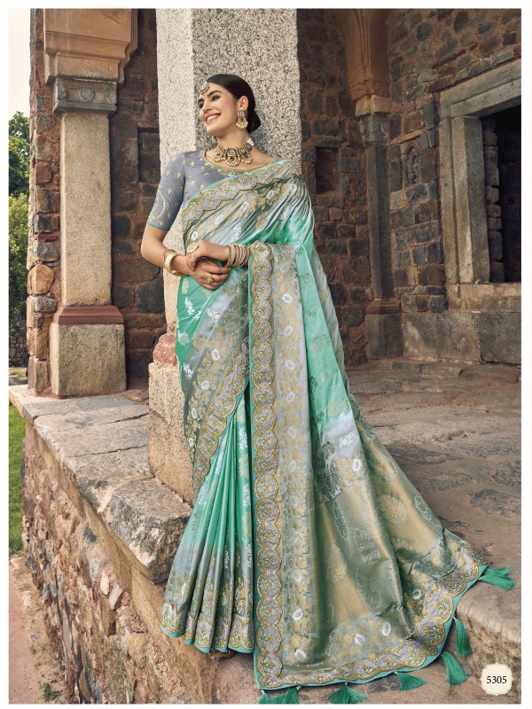 Pure Dola silk  Saree Turquoise Color With Embroidery Work