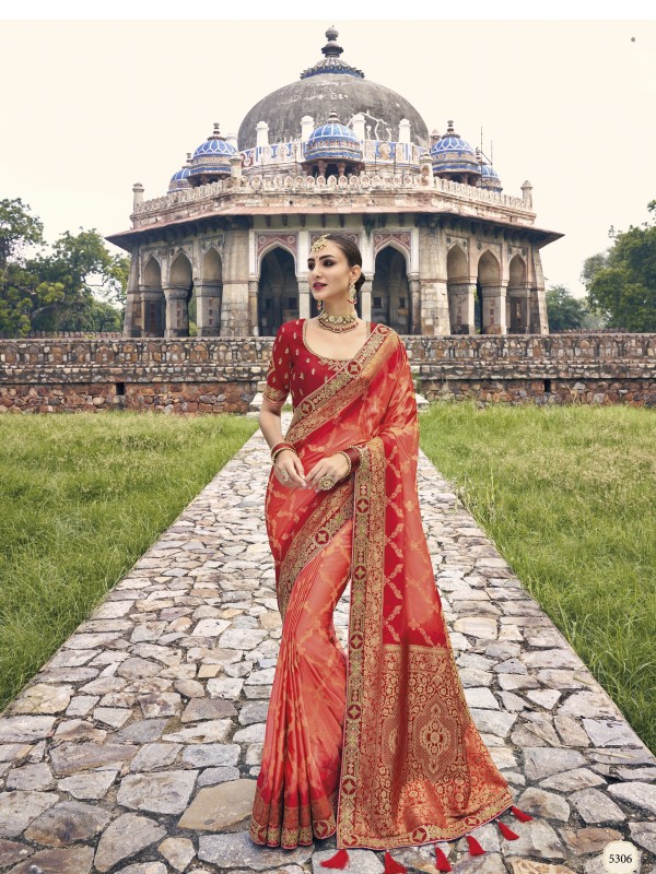 Pure Dola silk  Saree Red Color With Embroidery Work