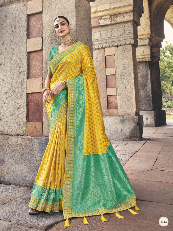 Pure Dola silk  Saree Yellow  Color With Embroidery Work