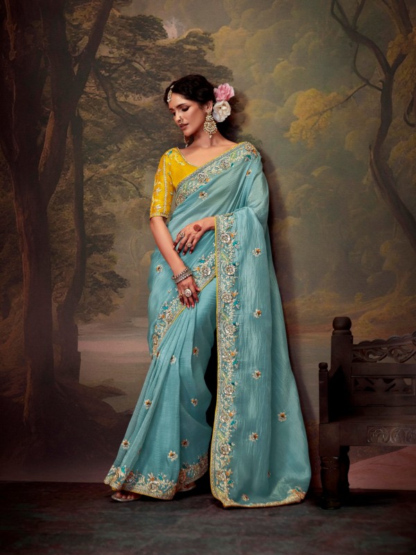 Tissue Organza Silk Party wear Saree Sky Blue Color With Embroidery Work