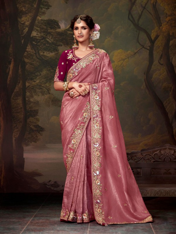 Tissue Organza Silk Party wear Saree Pink Color With Embroidery Work 