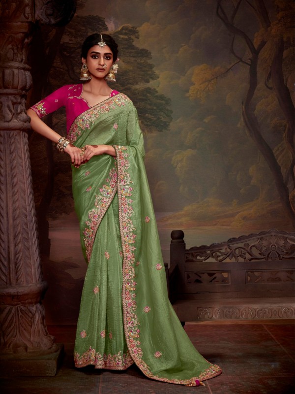 Tissue Organza Silk Party wear Saree Pastel Green Color With Embroidery Work 
