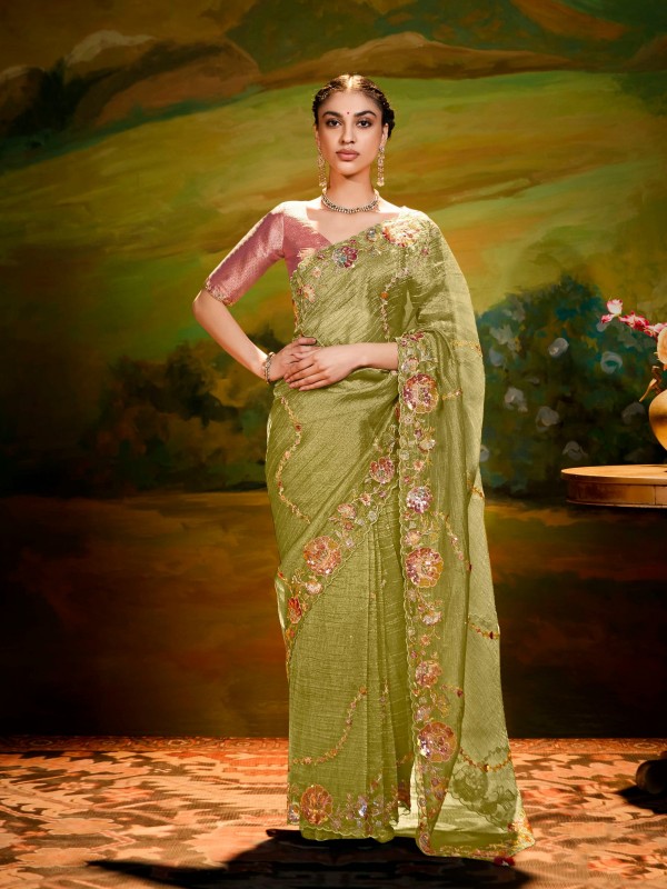 Fancy Silk Party wear Saree In Lemon Green Color With Embroidery Work