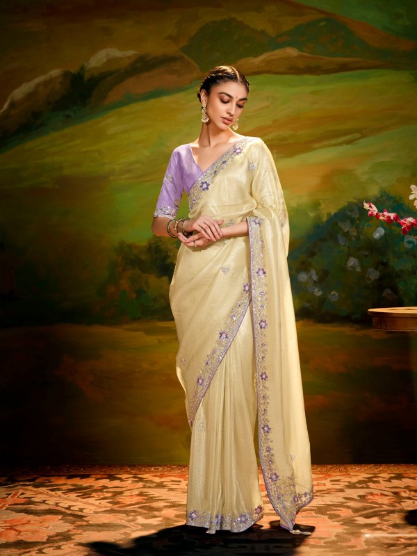 Fancy Silk Party wear Saree In Cream Color With Embroidery Work