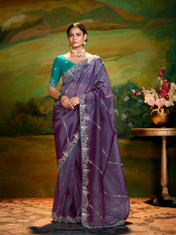 Fancy Silk Party wear Saree In Purple Color With Embroidery Work