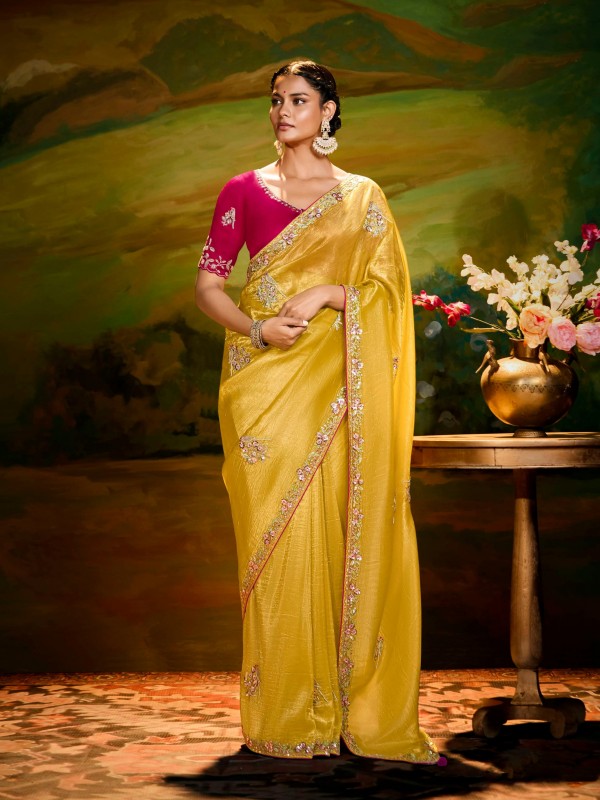 Fancy Silk Party wear Saree In Yellow Color With Embroidery Work