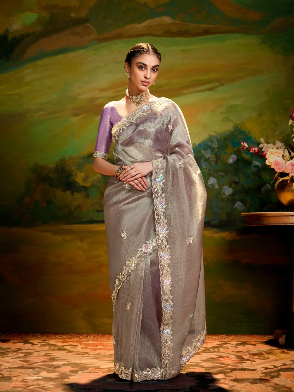 Fancy Silk Party wear Saree In Grey Color With Embroidery Work