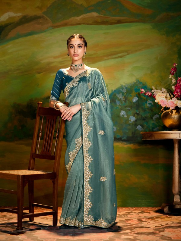 Fancy Silk Party wear Saree In Teal Green Color With Embroidery Work