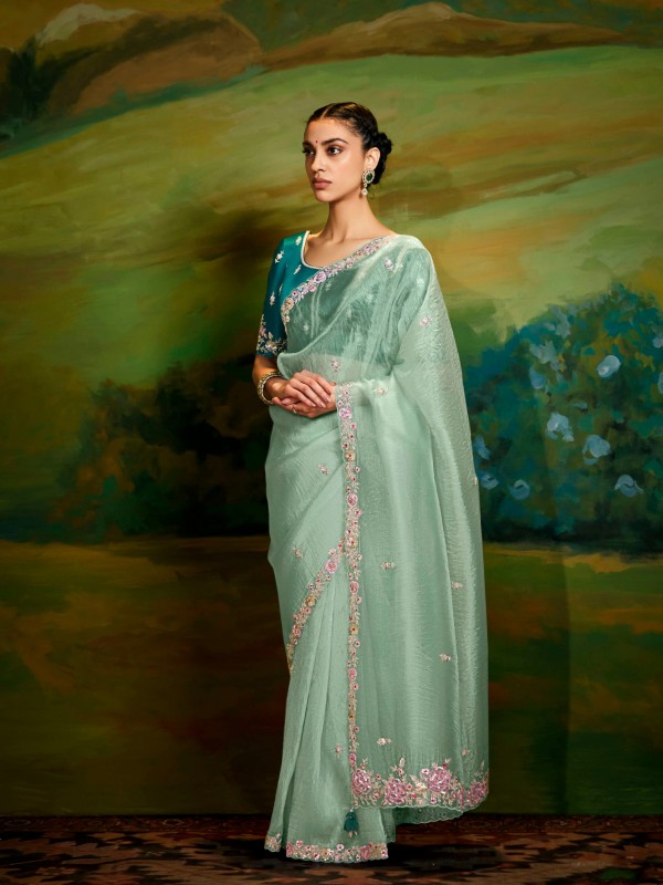 Fancy Silk Party wear Saree In Lime Green Color With Embroidery Work