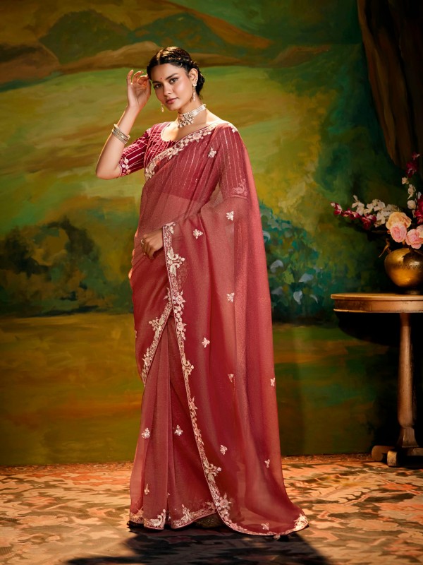 Fancy Silk Party wear Saree In Red Color With Embroidery Work