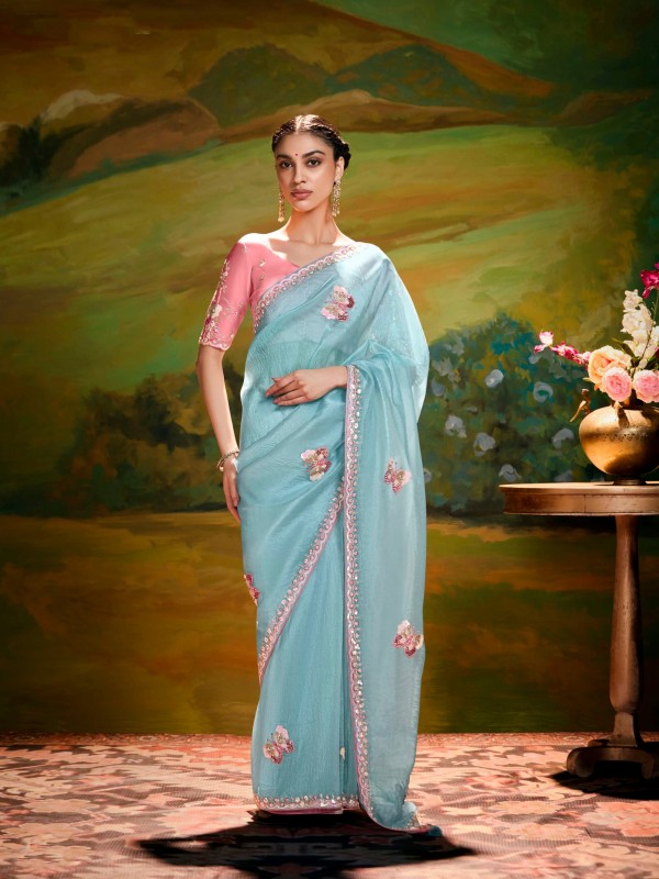 Fancy Silk Party wear Saree In Sky Blue Color With Embroidery Work