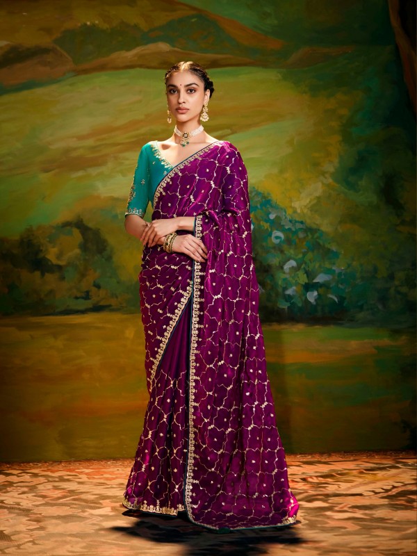 Fancy Silk Party wear Saree In Burgundy Color With Embroidery Work