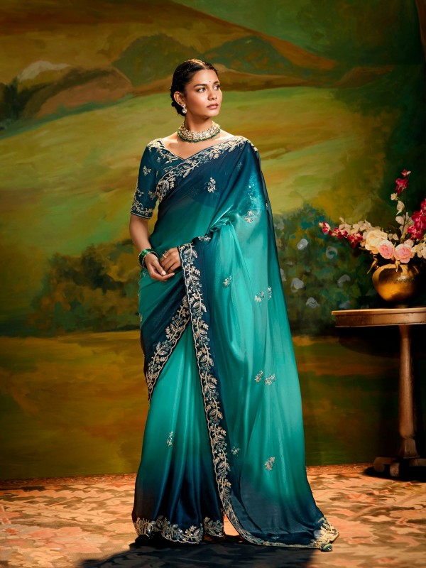 Fancy Silk Party wear Saree In Teal Color With Embroidery Work