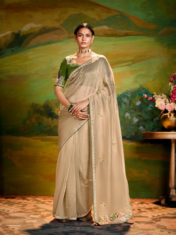 Fancy Silk Party wear Saree In Cream Color With Embroidery Work
