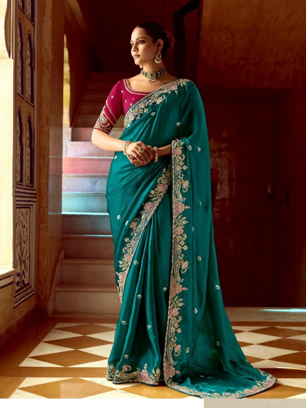 Fancy Silk Party wear Saree In Teal Green Color with Embroidery Work