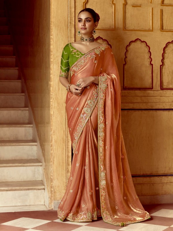 Fancy Silk Party wear Saree In Peach Color with Embroidery Work