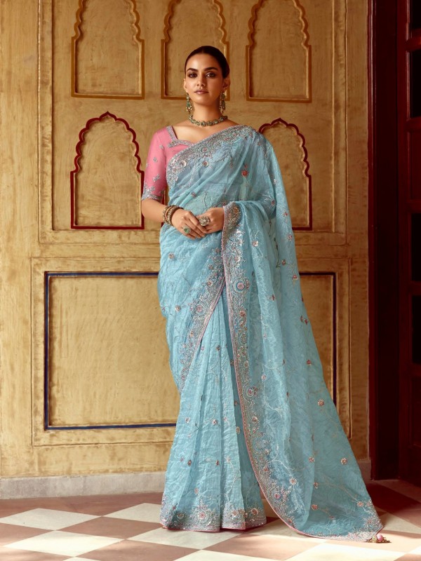 Fancy Silk Party wear Saree In Sea Blue Color with Embroidery Work