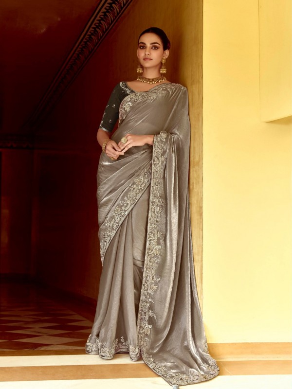 Fancy Silk Party wear Saree In Grey Color with Embroidery Work