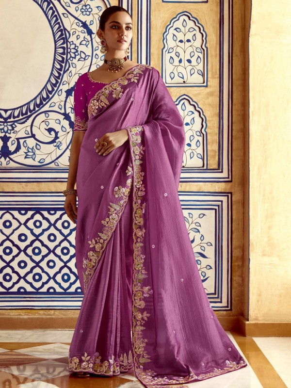 Fancy Silk Party wear Saree In Light Purple Color with Embroidery Work