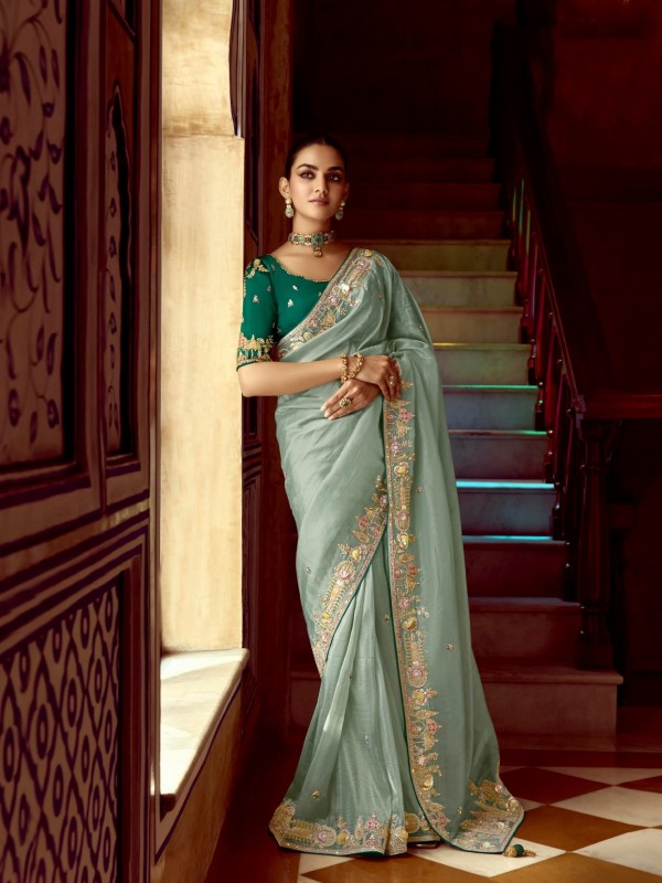 Fancy Silk Party wear Saree In Sea Green Color with Embroidery Work