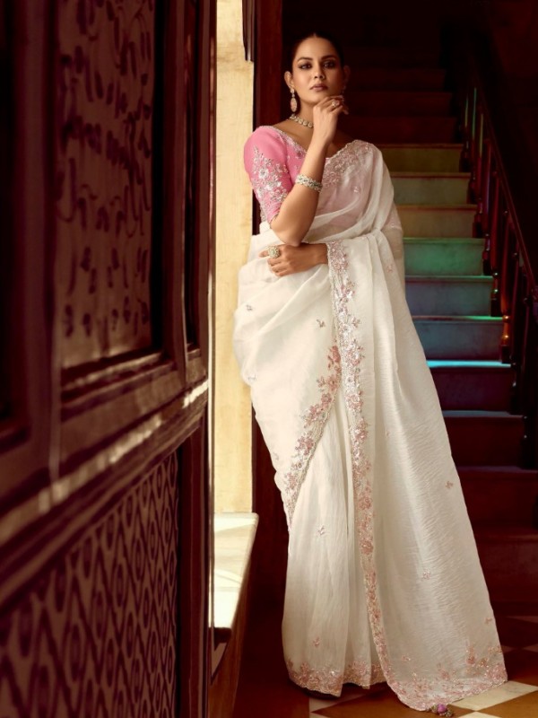Fancy Silk Party wear Saree In Off White Color with Embroidery Work